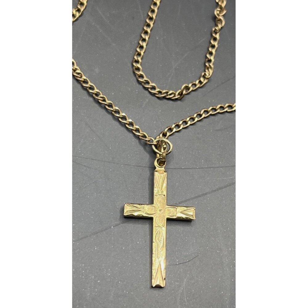 HFB Vintage Gold Filled Cross 18” Necklace 1/20 12K GF Carved Flower Design